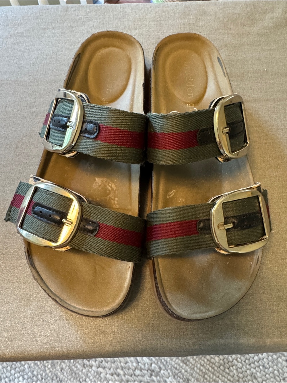 Striped Buckle Slide Sandals - Olive & Red
